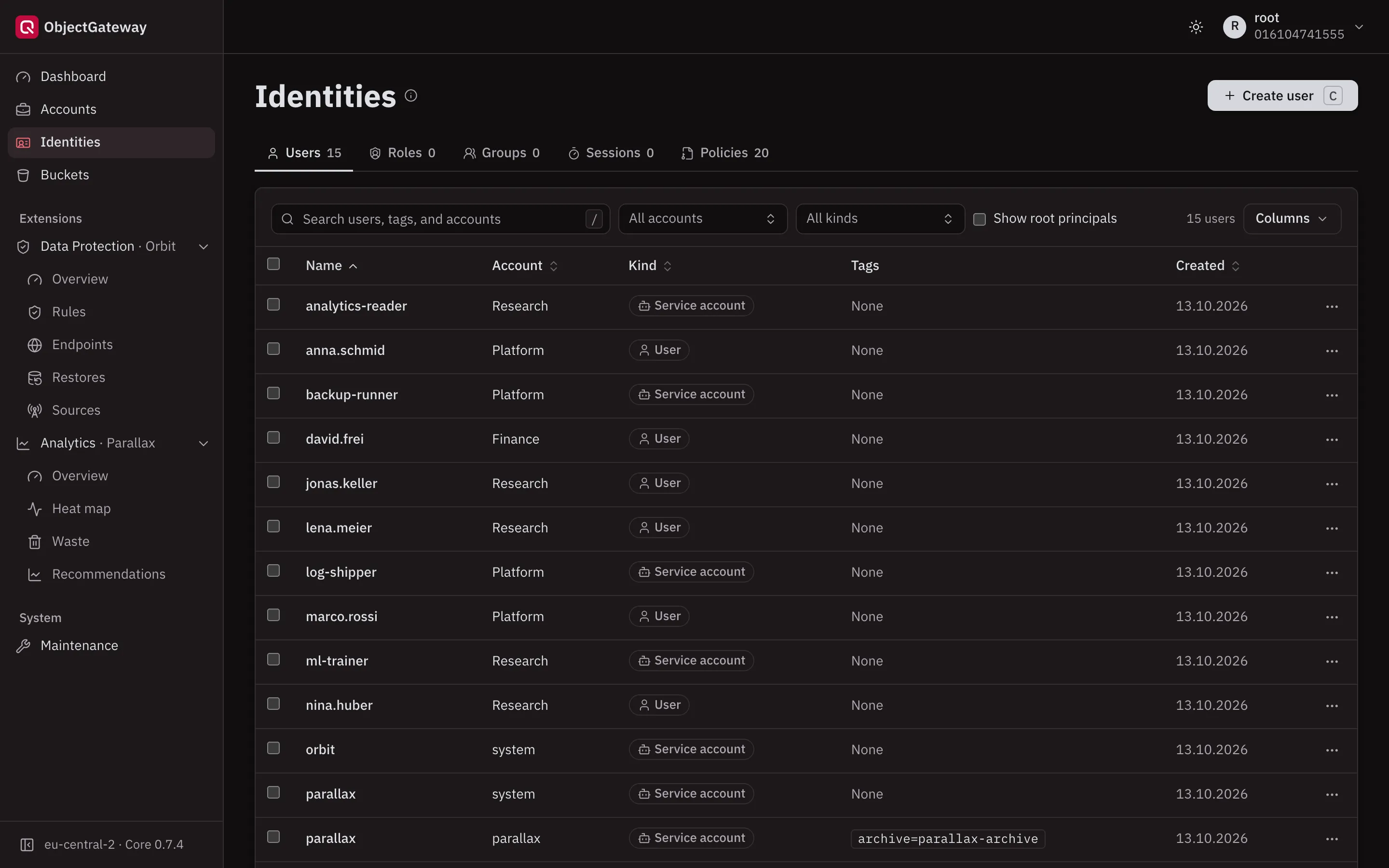The ObjectGateway console: users and service accounts across accounts