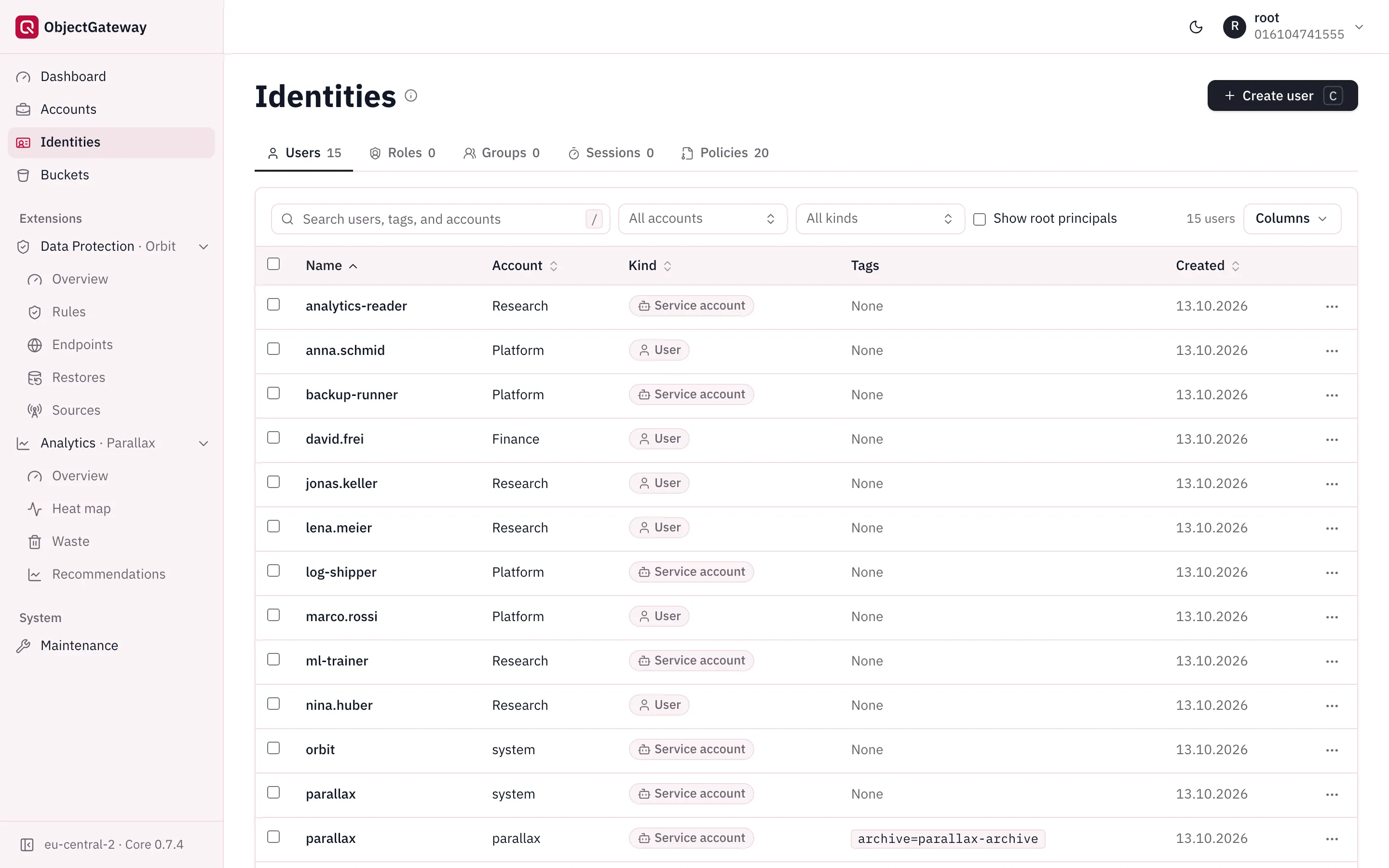 The ObjectGateway console: users and service accounts across accounts